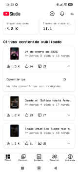 Rendimiento de los últimos contenidos en YouTube Studio